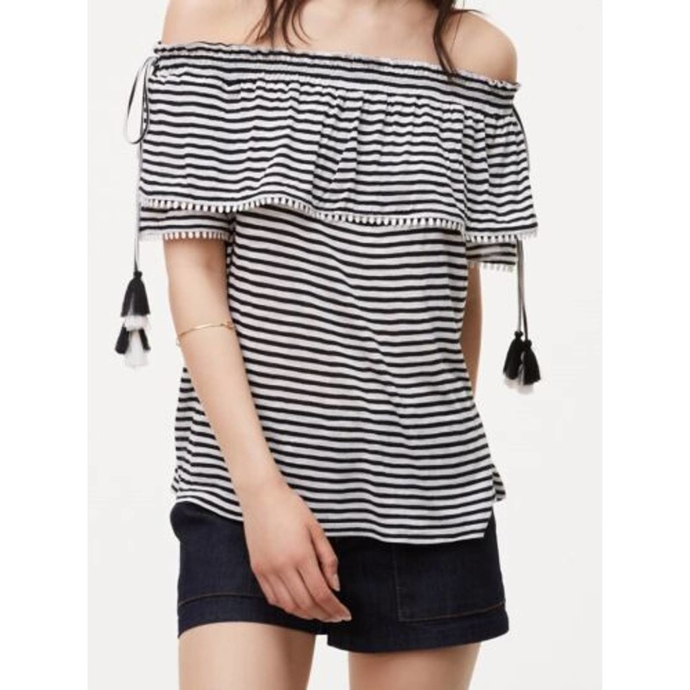 Copied - NWT Ann Taylor LOFT Black Ivory Striped Off The Shoulder Top Tassels XS